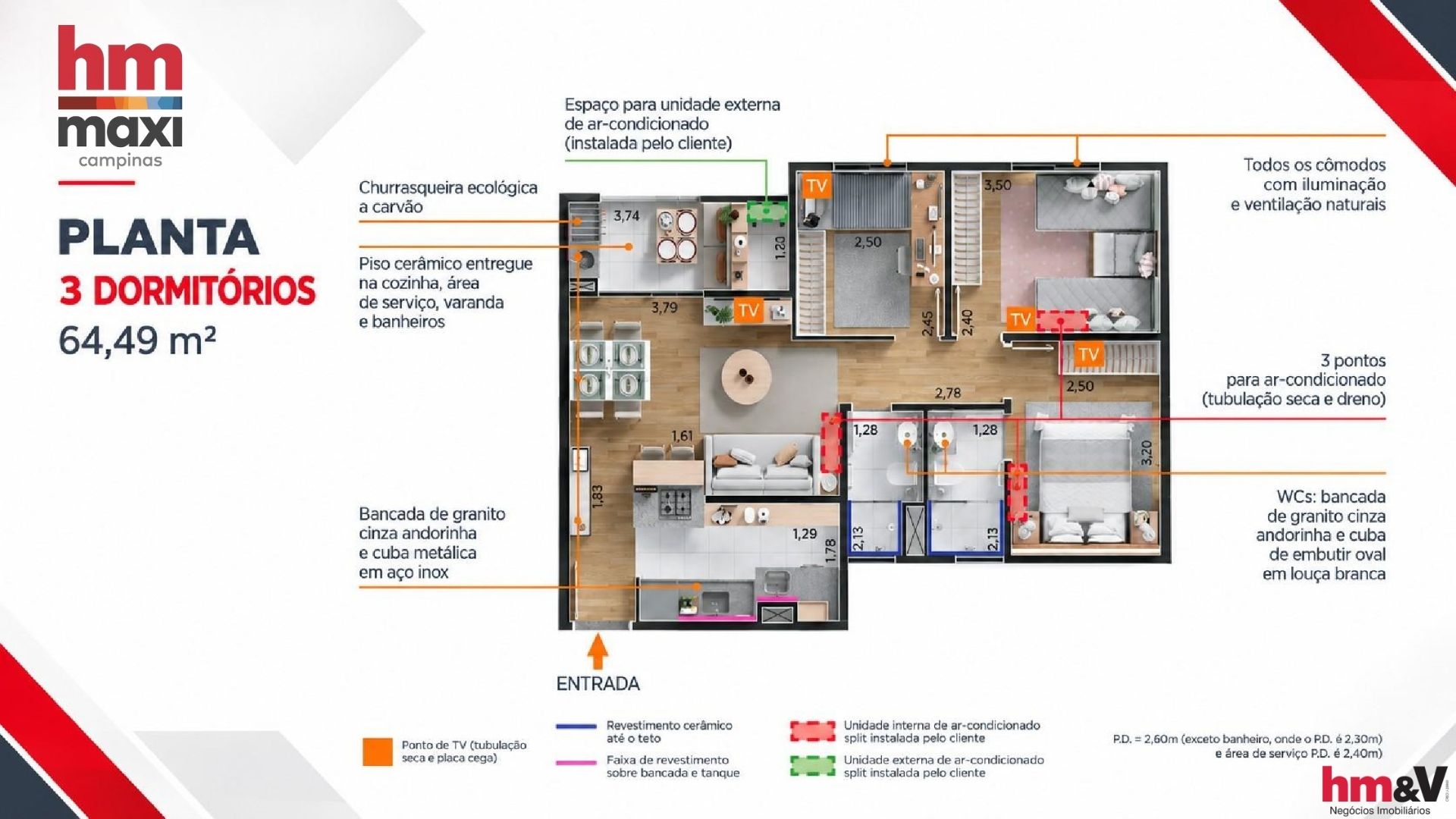 Planta do apartamento de 3 dormitórios com 64,49 m² do HM Maxi Campinas: varanda gourmet, living, cozinha com área de serviço, três dormitórios e dois banheiros